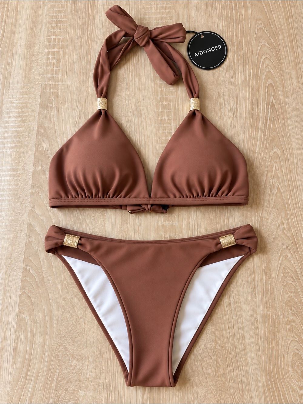 Brown Halter Triangle Bikini Set